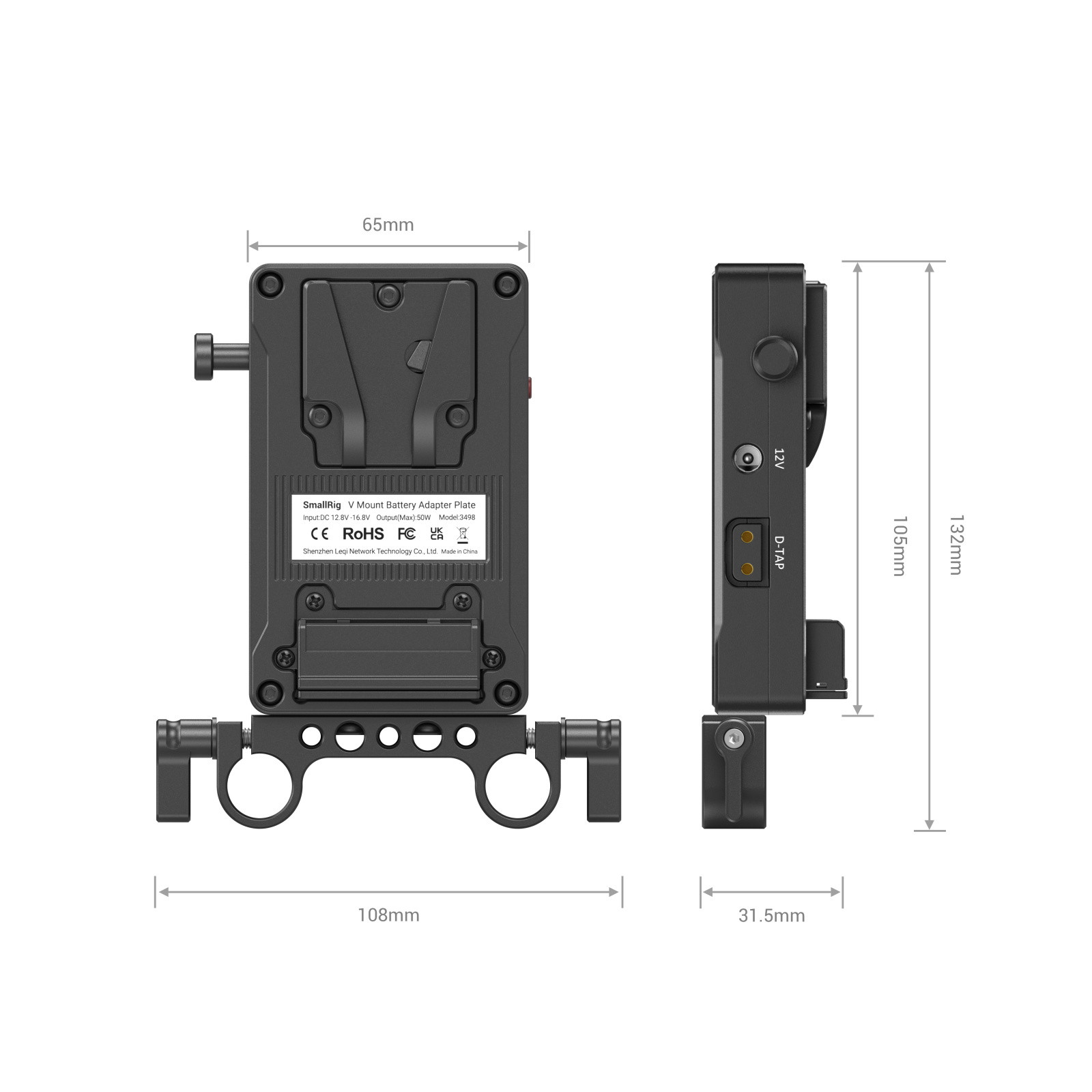SmallRig V Mount Battery Adapter Plate (Basic Version) with Dual Rod Clamp 3498B