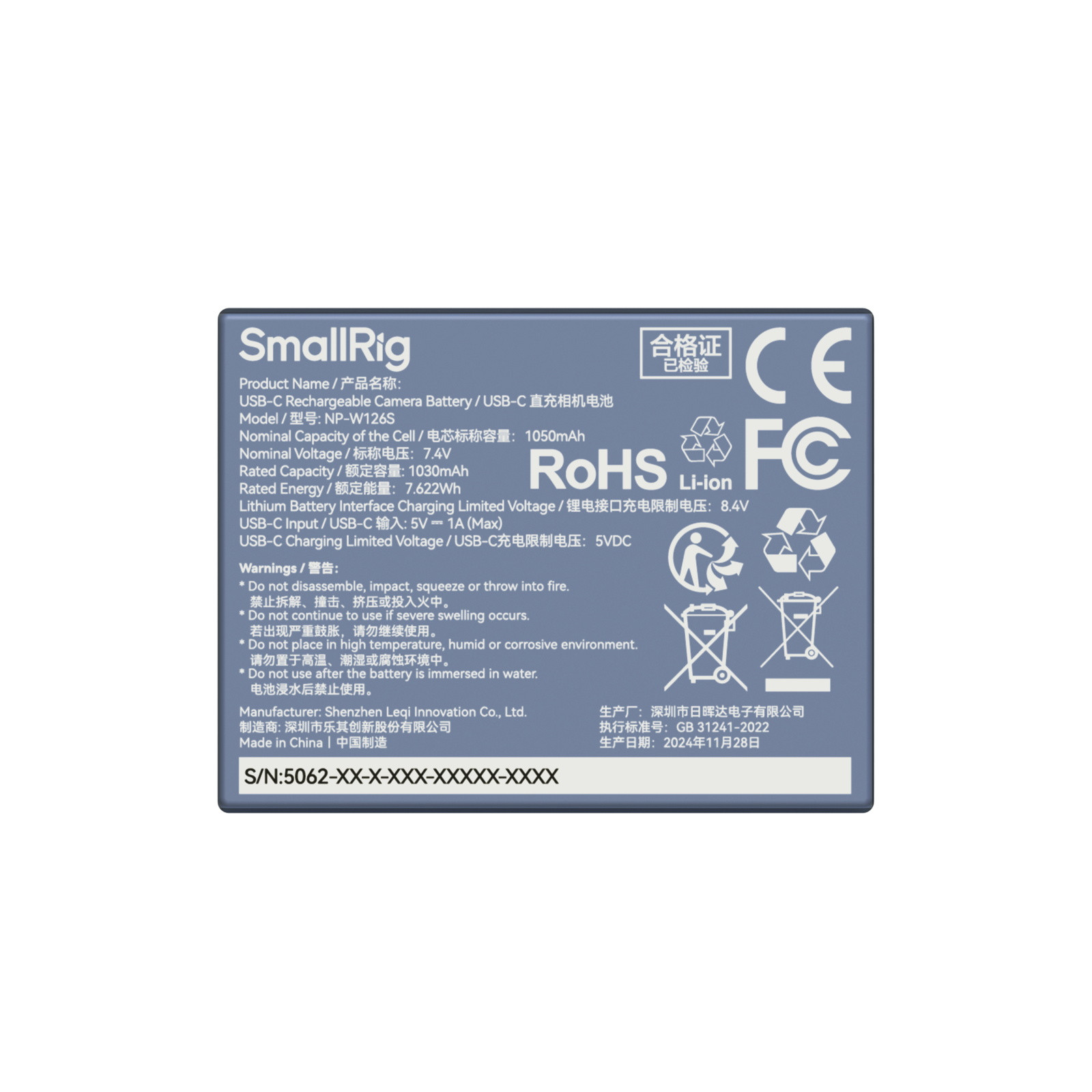 SmallRig NP-W126S USB-C Rechargeable Camera Battery 5062