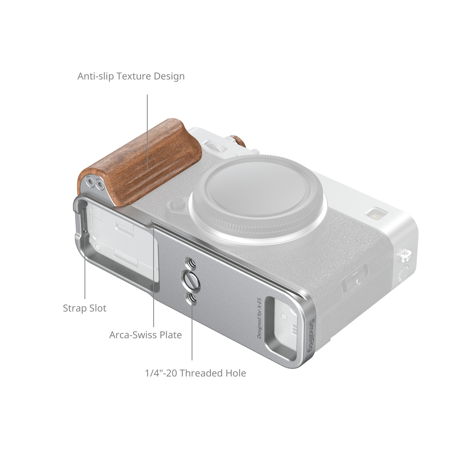 SmallRig L-Shaped Mount Plate with Wooden Handle for FUJIFILM X-E5 (Rosewood, Silver) 5984