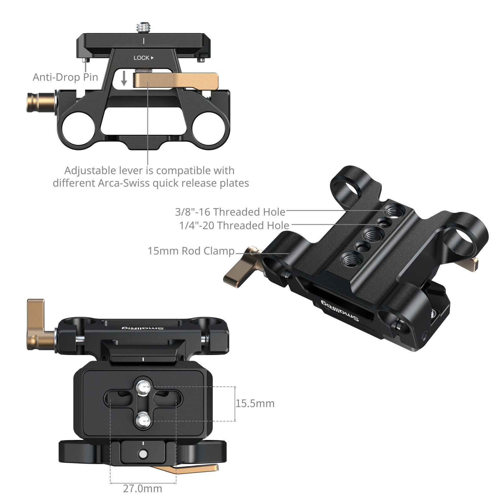 SmallRig Arca-Type Mount Plate with 15mm Dual Rod Clamp 6761